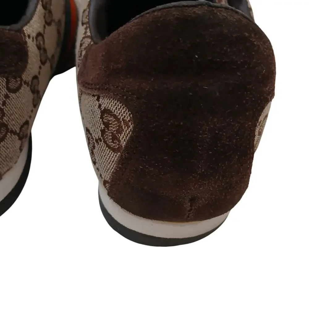 Gucci Web Detail Trainers Men 9.5 GG Canvas Suede Brown Tan Logo w‎ BOX AND Card